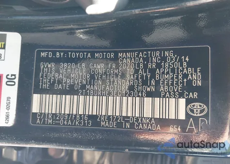 2014 Toyota Corolla Le z USA, uszkodzony, nr VIN 2T1BURHE3EC123046